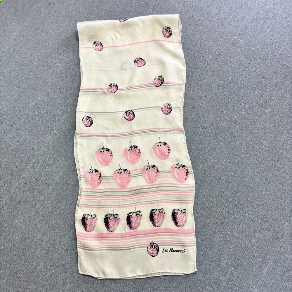 Leo Narducci Vintage Strawberry Silk Scarf Pink Cream Hand Rolled Flaws